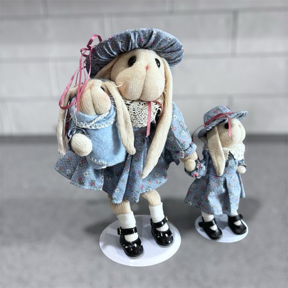 Vintage Rustic Bunny Rabbit Figures Mom & Daughter Decor Stuffed Easter